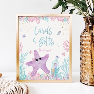 Enseigne pour cartes et cadeaux sirène pastel, signe de table cadeau sous la mer, imprimable numérique, anniversaire à la plage, floral violet sarcelle, été, M2021