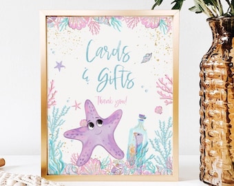 Pastel Mermaid Cards & Gifts Sign, Under the sea Gift table sign, Printable Digital, Beach Birthday, Floral Purple Teal, Summer,M2021