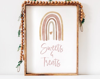 Boho Rainbow Sweets & Treats Sign Blush, 1st Birthday Dessert Table Party Sign- INSTANT DOWNLOAD,R001