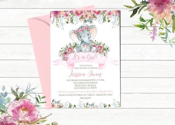 elephant baby shower invitation girl, editable elephant invitation template, floral elephant girl invite, peanut baby shower, pink, pm003