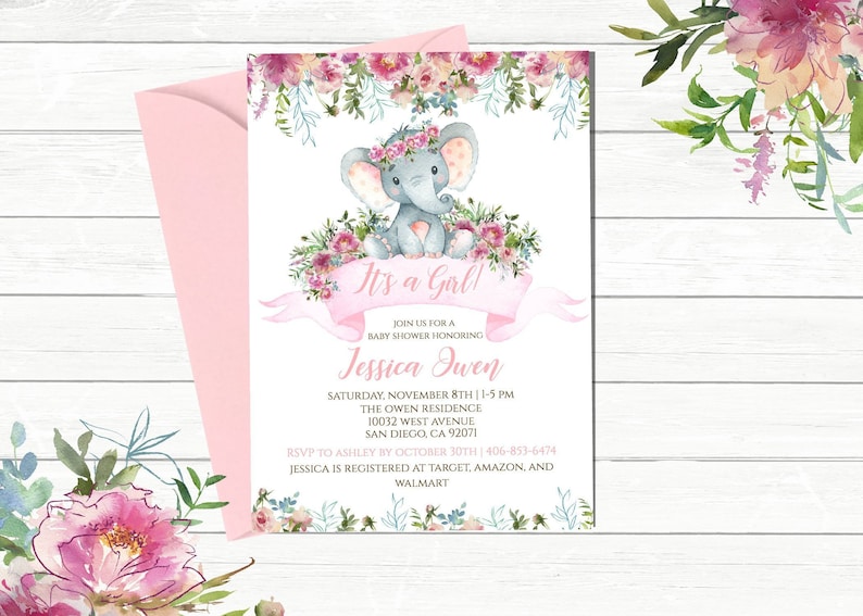 Elephant Baby Shower Invitation Girl Editable Elephant Etsy