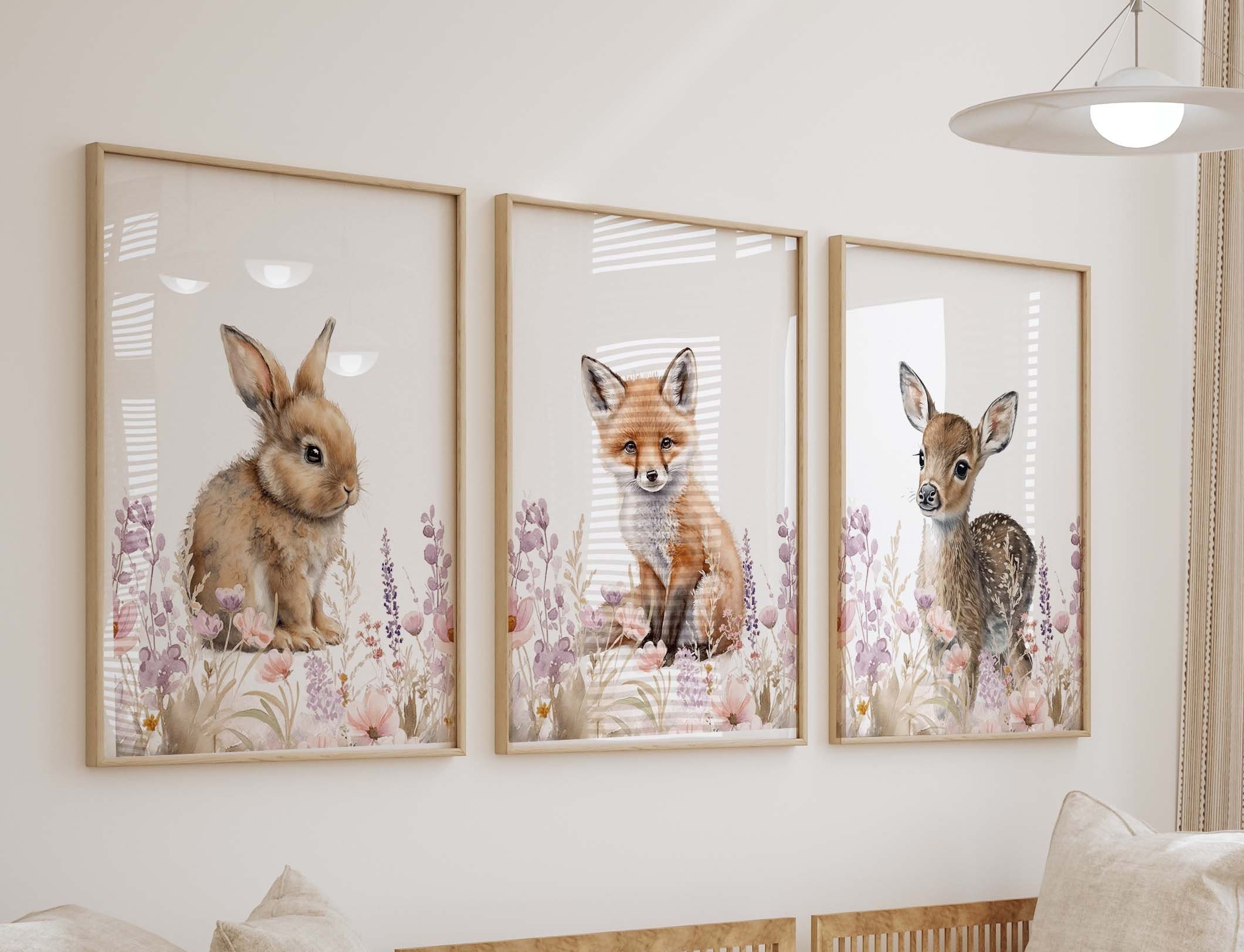 Floral Woodland Watercolor Prints, Girl Animal Nursery Wall Art, Girl's ...