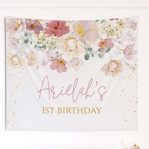 Floral First Birthday Backdrop, Garden Floral Personalized sign, Wildflower Printed Backdrop, Flower Birthday Decor, Photo prop, WF80