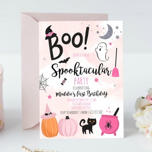 Halloween Pink Ghost Birthday Invitation. Cute Spooky Witch Birthday Party. Spooktacular Halloween Party, H001