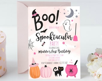 Halloween Pink Ghost Birthday Invitation. Cute Spooky Witch Birthday Party. Spooktacular Halloween Party, H001