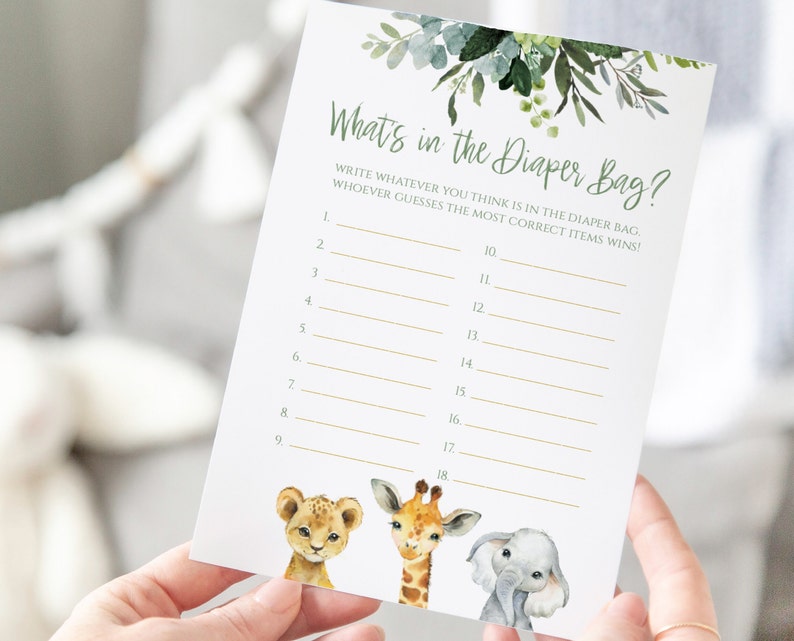 Safari what's in the diaper bag Game Boy , Printable for a Gender Neutral Shower, zoo animal baby shower game Sa2020 image 1