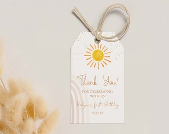 Editable Boho Sun Rainbow Thank You Party Tags, Baby Shower Favor Gift Tags, Sunshine Birthday tag, Rainbow Party Decor, SR001