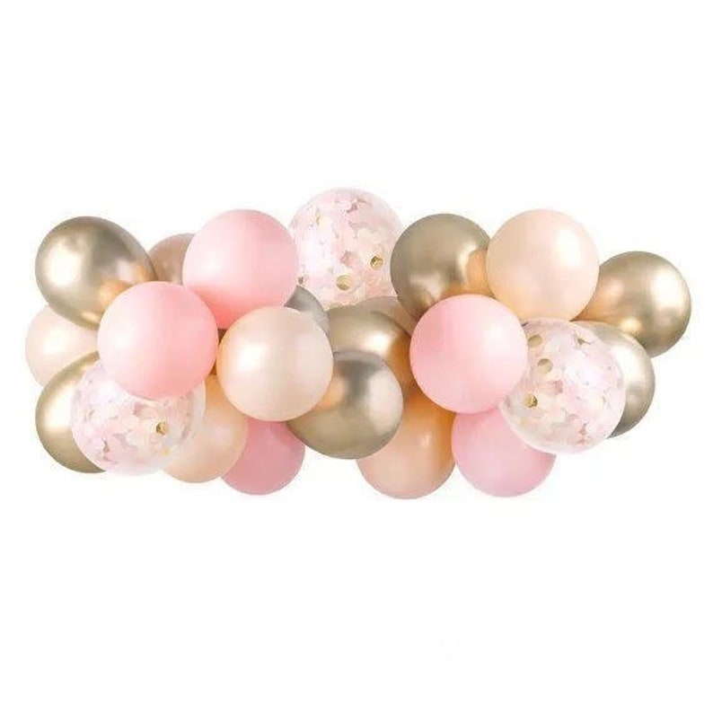 May include: A garland of pink and gold balloons with confetti inside some of the balloons.