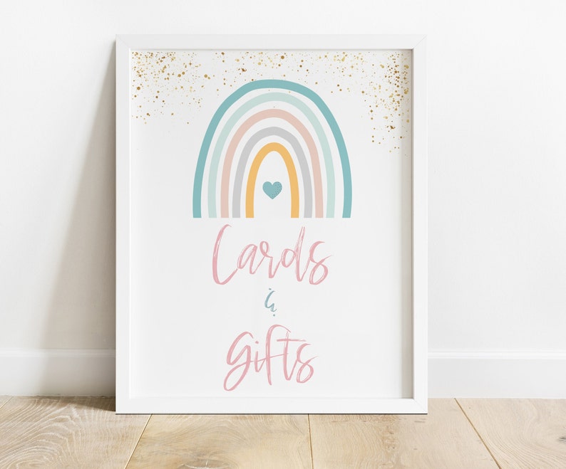 Pastel Rainbow Cards & Gifts Sign Colorful, 1st Birthday Gift Table Party Sign INSTANT DOWNLOAD,R003 image 1