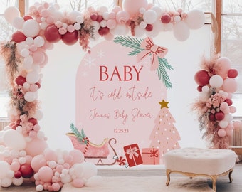 Baby it&#39;s Cold Outside Baby Shower Backdrop, Snowflake Pink Winter Wonderland , Merry Shower, Christmas Baby shower, 730
