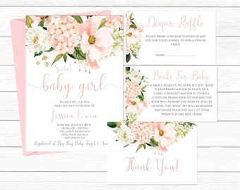 Blush Pink Floral Baby shower Invitation bundle, Printable shower Invite Template, hydrangea, Boho Girl, sage pm200