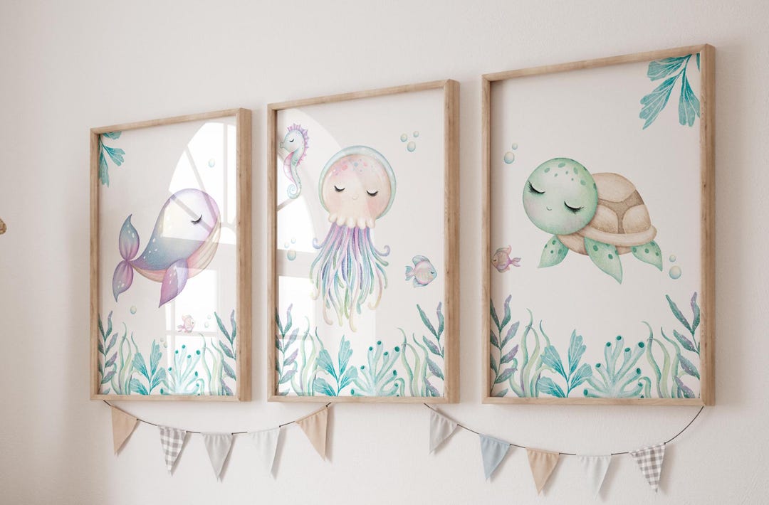 Under the Sea Watercolor Prints, Set of 3 Nursery Wall Art, Girl ...