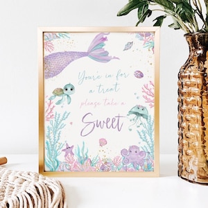 Pastel Mermaid Treats Sign, Under the sea dessert table sign, Printable Digital, Beach Birthday, Floral Purple Teal, Summer,M2021