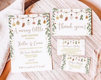May include: A Christmas-themed baby shower invitation with a gold and white design. The invitation features a garland of ornaments, a snowman, and a stocking. The text reads "A merry little baby shower honoring Katie & Owen".