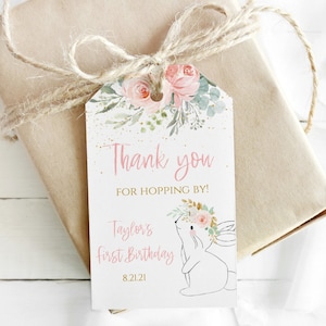 Edytowalne kwiatowe etykiety na przyjęcie z podziękowaniami dla króliczków, etykiety na prezenty na baby shower, etykieta urodzinowa w kolorze różu, dekoracja na przyjęcie z króliczkiem, B001