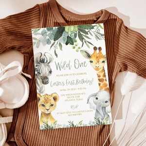 Safari Animal Birthday Invitation Greenery . Wild one invite, Jungle Birthday Invitation. Zoo Animal Birthday Invitation. SAbday