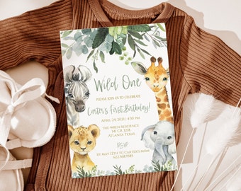 Safari Animal Birthday Invitation Greenery . Wild one invite, Jungle Birthday Invitation. Zoo Animal Birthday Invitation. SAbday