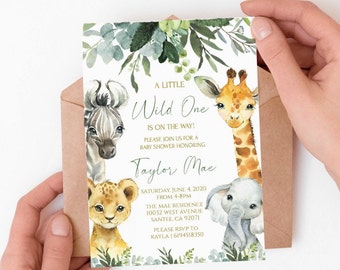Safari Animal Baby Shower Invitation Greenery . Wild one invite, Jungle baby shower Invitation. Zoo Animal Baby Shower Invitation. SA2020