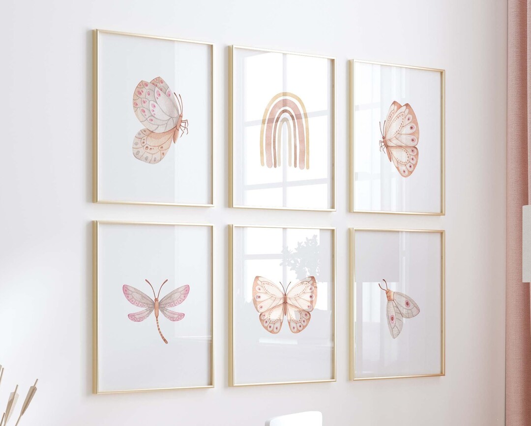 Set of 6 Blush Butterfly Nursery Wall Art Prints. Rainbow Nursery Decor ...