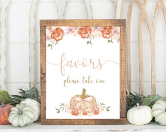 Baby Shower Favors Sign, Printable Favors Sign, Pumpkin, Fall, Autumn, girl Baby Shower, blush, PO001