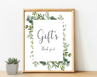 Gifts greenery table Sign, greenery shower sign, bridal shower table sign, botanical baby shower table sign, eucalyptus sage, G002