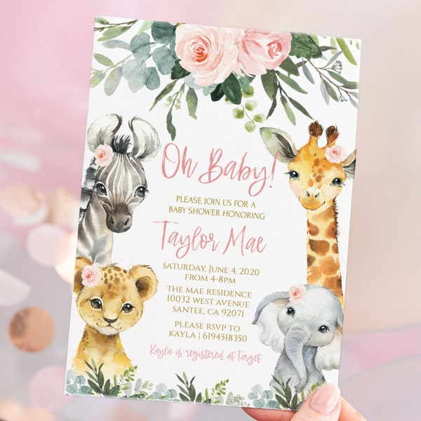 Girl Safari Animal Baby Shower Invitation Greenery. Wild one invite, Jungle baby shower Invitation. Zoo Animal Baby Shower Invitation.SA2021