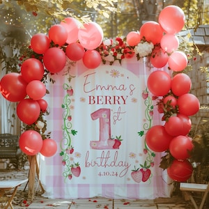 Strawberry Birthday Backdrop, Berry first birthday, Personalized strawberry sign, Printed Backdrop, Birthday Decor, Photo prop, Berry200
