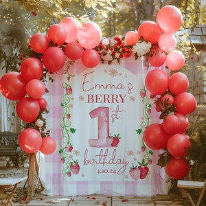 Strawberry Birthday Backdrop, Berry first birthday, Personalized strawberry sign, Printed Backdrop, Birthday Decor, Photo prop, Berry200