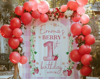 Strawberry Birthday Backdrop, Berry first birthday, Personalized strawberry sign, Printed Backdrop, Birthday Decor, Photo prop, Berry200