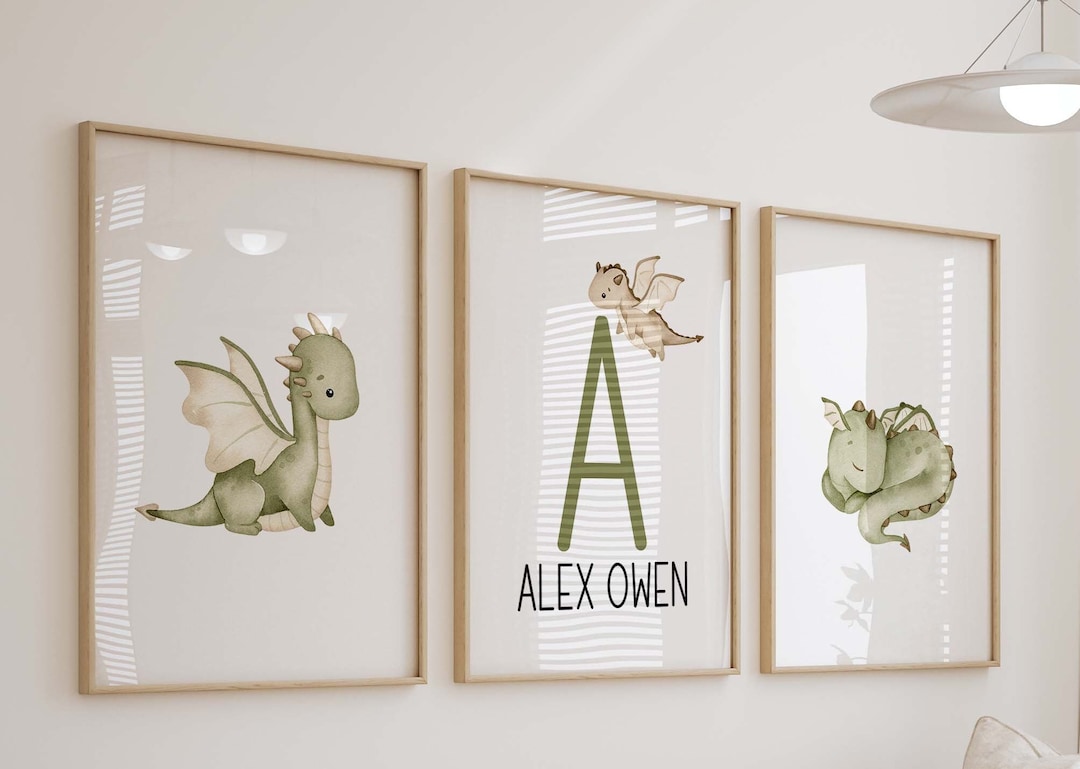 Dragon Personalized Watercolor Prints, Set of 3 Nursery Wall Art, Boy ...