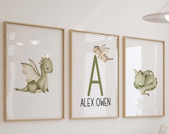 Dragon Personalized Watercolor Prints, Set of 3 Nursery Wall Art, Boy ...