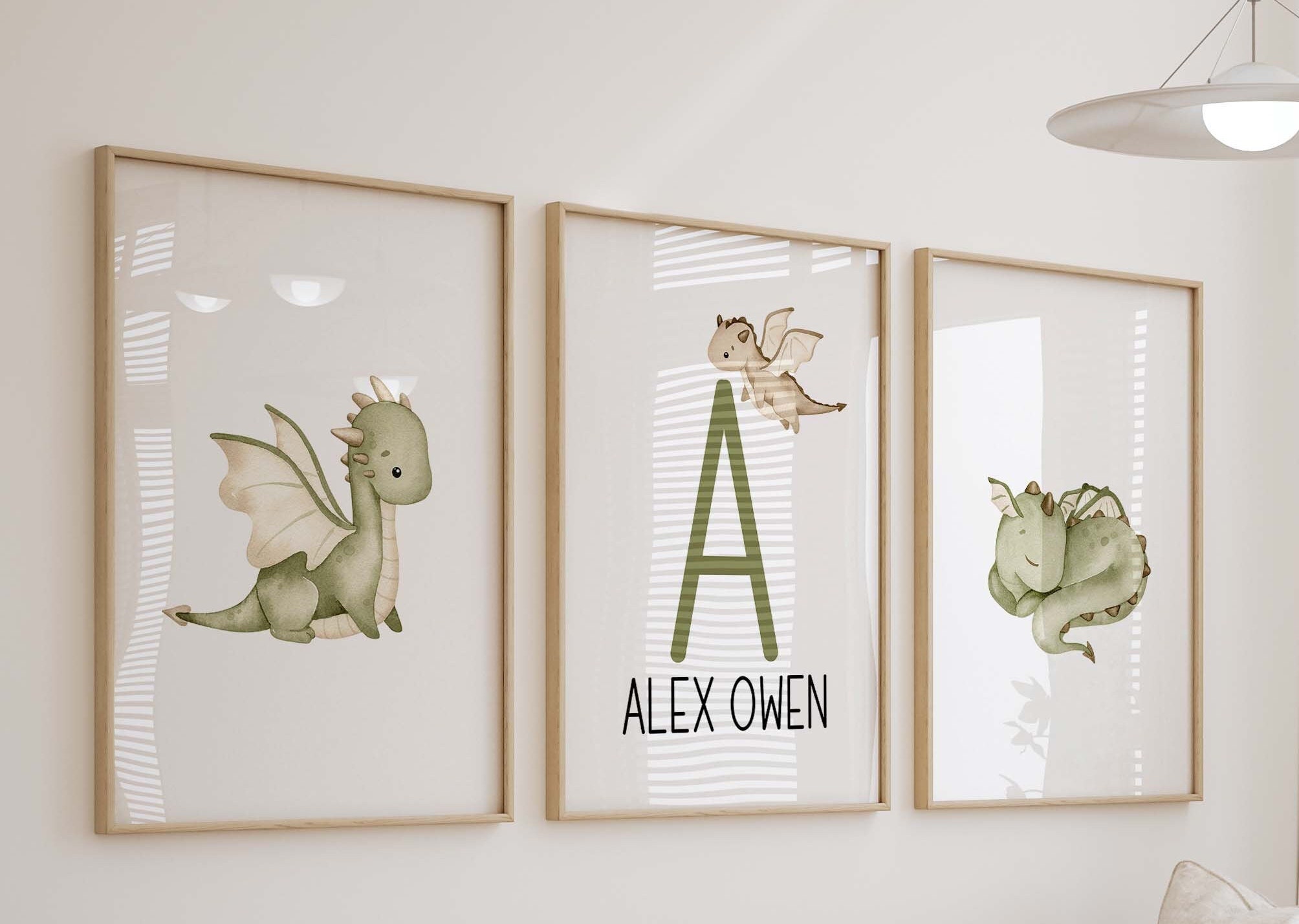Dragon Personalized Watercolor Prints, Set of 3 Nursery Wall Art, Boy ...
