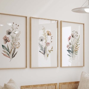 Impresiones de acuarela de flores silvestres bohemias, arte floral de pared para guardería, decoración de habitación de niña, juego de 3 impresiones artísticas con envío, 213