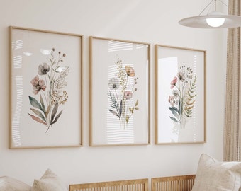 Boho Wildflower Watercolor Prints, Floral Nursery Wall Art, Girl's Room Decor, Set of 3 Art Prints Shipped, 213