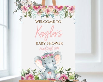 Welcome Baby Shower Sign-pink floral elephant Baby Shower, Printable-Baby Shower Sign-floral elephant-PM003