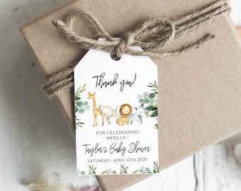 Editable Jungle Thank You Party Tags, Birthday Favor Gift Tags, wild one, Safari Party Decor, greenery wild animals, Pm027