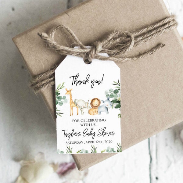 Editable Jungle Thank You Party Tags, Birthday Favor Gift Tags, wild one, Safari Party Decor, greenery wild animals, Pm027