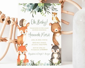 Woodland Baby Shower Invitation greenery, EDITABLE, Gender Neutral, woodland animals invitations, Digital, Woodland party, wood001