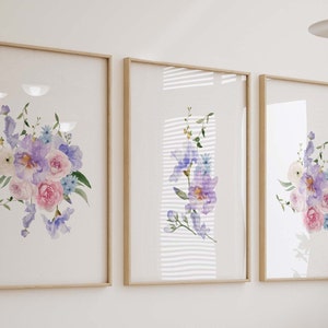 Purple Floral Garden Watercolor Prints, Lavender Floral Nursery Wall Art, Wildflower Girl's Room Decor, Set of 3 Art Prints Shipped, 210