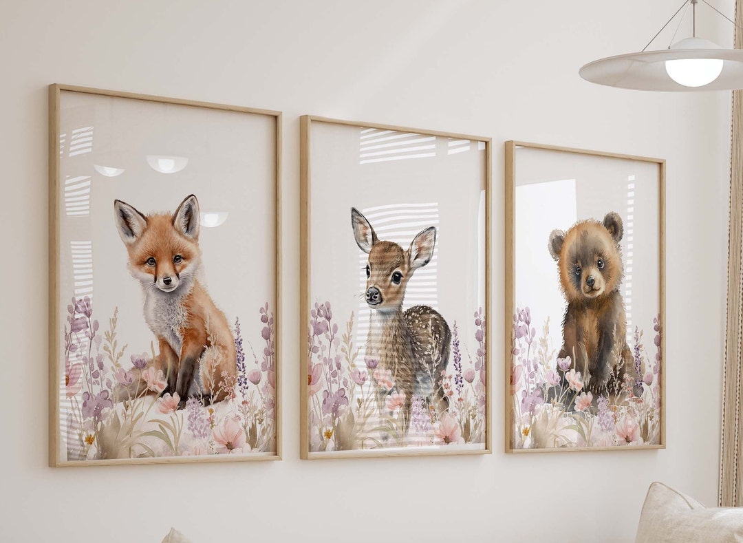 Floral Woodland Watercolor Prints, Girl Animal Nursery Wall Art, Girl's ...