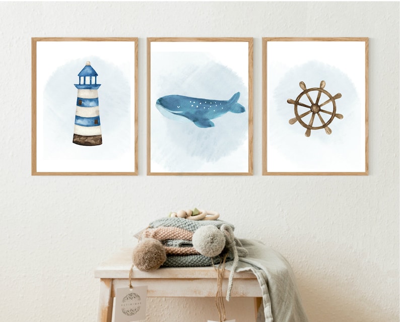 Chambre d'enfant nautique bébé garçon bleu, chambre d'enfant baleine, décoration de chambre d'enfant nautique, chambre d'enfant nautique, roue de bateau, phare, aquarelle image 1