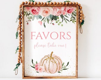 Pumpkin Baby Shower Favors Sign girl, Printable Favors Sign, floral pink gold, white Pumpkin, Fall Autumn, Pp001