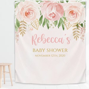 Blush Floral Baby Shower Backdrop for a girl, Floral Pink Gold Backdrop for Baby Shower, Greenery Baby shower Backdrop, pm500