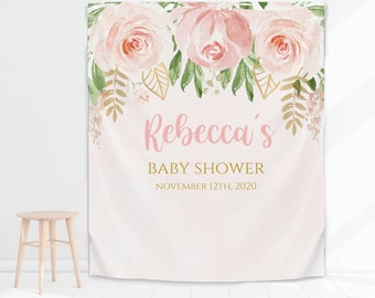 Blush Floral Baby Shower Backdrop for a girl, Floral Pink Gold Backdrop for Baby Shower, Greenery Baby shower Backdrop, pm500