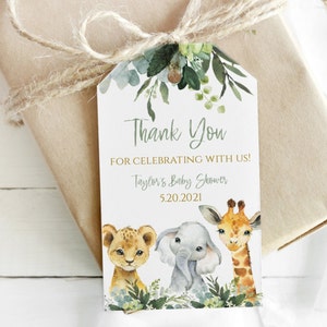 Editable Jungle Thank You Party Tags, Birthday Favor Gift Tags, wild one, Safari Party Decor, gold wild animals, SA2020