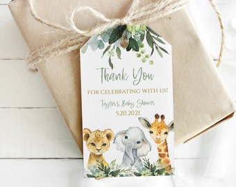 Editable Jungle Thank You Party Tags, Birthday Favor Gift Tags, wild one, Safari Party Decor, gold wild animals, SA2020