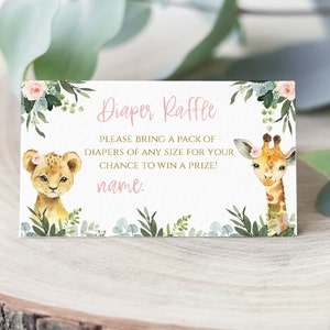 Mädchen Safari Baby Shower Windel Verlosung, Blumen Dschungel Tier grün und gold, Zoo Tier Windel Verlosung, SA2021