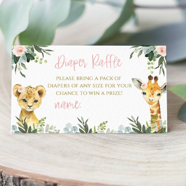 Girl Safari Baby Shower Diaper Raffle, Floral Jungle Animal greenery and gold, Zoo animal Diaper raffle, SA2021