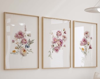 Pink Floral Garden Watercolor Prints,  Blush Floral Nursery Wall Art, Wildflower Girl's Room Decor, Set of 3 Art Prints Shipped, 231