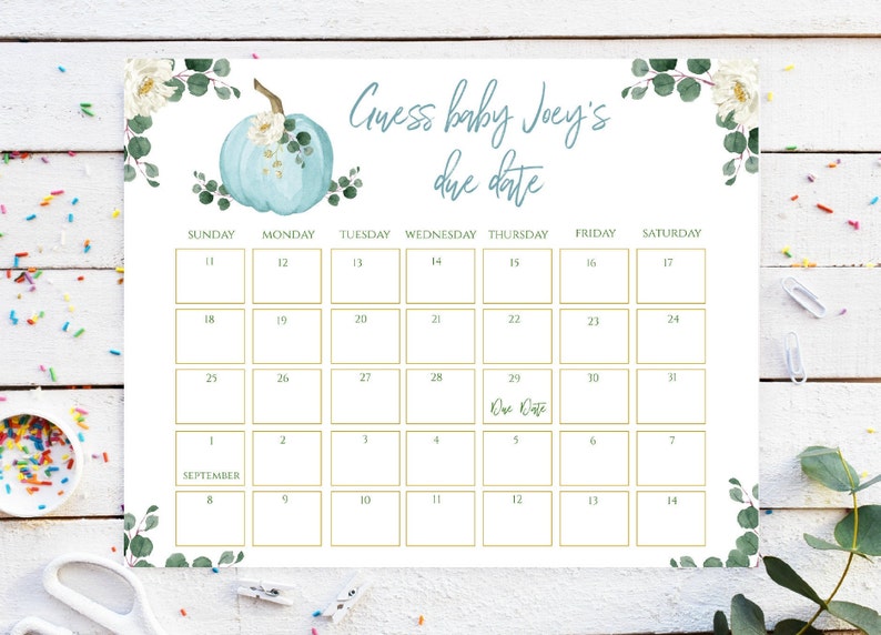 Pumpkin Baby Shower Due Date Calendar blue. Boy baby shower game, Guess baby's due date .Fall editable baby prediction, Autumn guess,PM2019 image 1